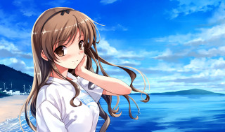 Girl beach hair wind blue - flowing hair free wallpaper