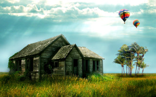 House field hot air balloon 3 - a house in a field free wallpaper