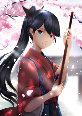 Woman holding stick tree pink - ukiyoe free wallpaper