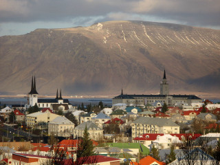 City mountain water buildings church - ásgrímur jónsson free wallpaper