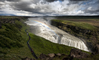 Rainbow waterfall field people standing - derold page free wallpaper for desktop