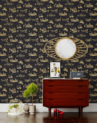 Dresser mirror picture city skyline - maximalism free wallpaper