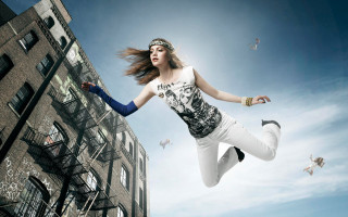 Woman jumping kite building birds - pop surrealism free wallpaper