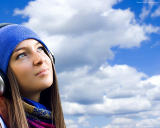 Woman headphones looking up blue - headphone free wallpaper