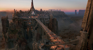 Futuristic city bridge sunset mountain - free sci-fi wallpaper