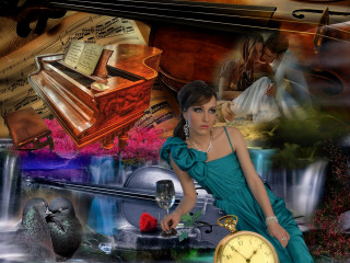 Woman blue dress clock piano - composition free wallpaper