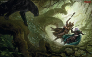 Woman sword forest wolf man 2 - a painting of a woman free wallpaper