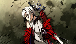 White hair red feathers sword - outfit free wallpaper