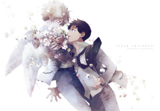 Man angel wings holding flowers - his hand and a bird free wallpaper