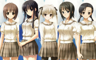 Anime girls school uniforms clouds - a picture together in front free wallpaper