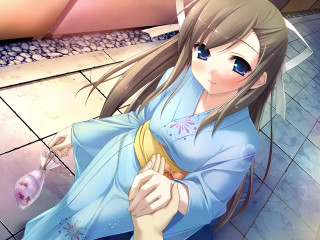 Woman blue kimono holding flower - a screenshot free wallpaper for desktop