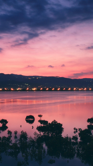 Lake trees night lights water - almada negreiro free wallpaper