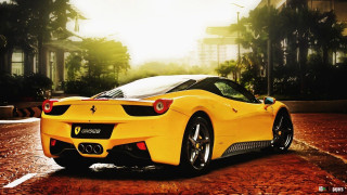 Yellow sports car sun building - a building in the background free wallpaper