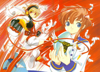 Anime couple flying red background - a red background behind them free wallpaper