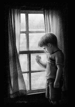 Little boy looking out window - storybook illustration free wallpaper