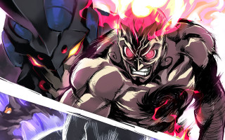 Man sword demon flames background - his hand and a demon in the background free wallpaper