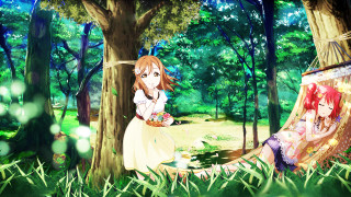 Women sitting grass tree tent - near free wallpaper