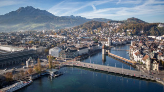 City bridge river mountains blue - international typographic style free wallpaper for desktop