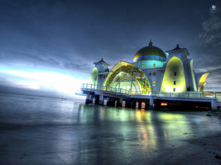 Pier lit building night cloudy - a pier free wallpaper