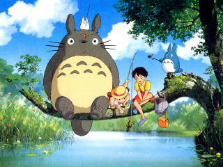 Cartoon man woman branch totoro - a cartoon scene free wallpaper