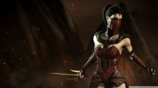 Woman red outfit swords mask - her face and chest free wallpaper