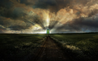 Green tower cloudy sky birds - a trail free wallpaper
