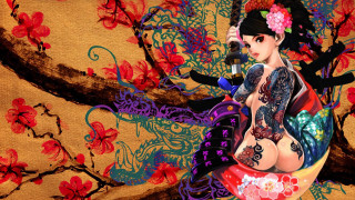 Woman tattoo tree branch flowers - digital art free wallpaper for desktop