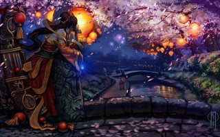 Woman holding lantern park night - a bridge and trees free wallpaper