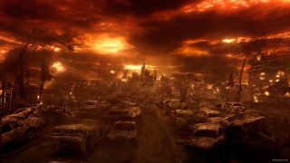 City rubble trees red sky - david lachapelle free wallpaper