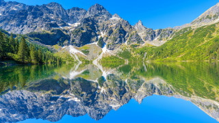 Mountain lake trees reflection blue - tree and mountains free wallpaper