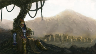 Man sitting tree mountain castle - dystopian art free wallpaper