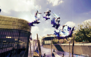 Skateboarders bridge water sky background - a group of people riding free wallpaper