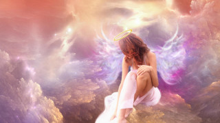 Woman kneeling halo wings above - a halo free wallpaper