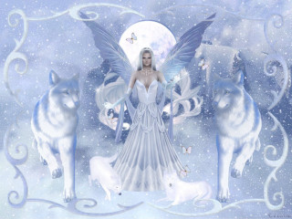 Woman white dress three wolves - fantasy art free wallpaper