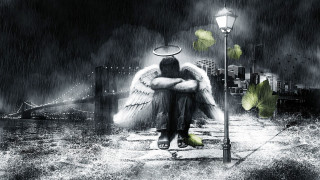 Man wings bench lamppost bridge - somber free wallpaper