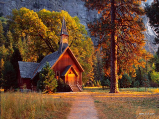 Small church forest path mountains - radiant free wallpaper