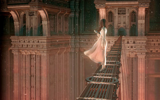 Woman white dress stairs castle - a tower free wallpaper