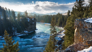 River forest snow mountains trees - douglas robertson bisset free wallpaper