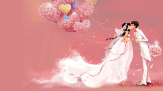 Couple kissing balloons pink background - a storybook illustration free wallpaper for desktop