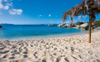 Beach palm tree boat rocky - blue water free wallpaper