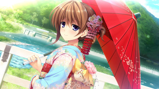 Woman red umbrella blue dress - a red umbrella free wallpaper