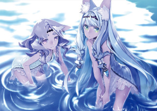 Anime girls water long hair - a cat ear free wallpaper