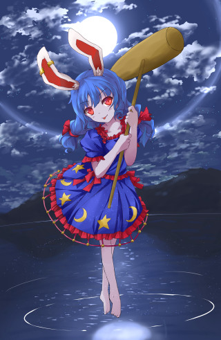 Girl blue dress moon rabbit - night free wallpaper