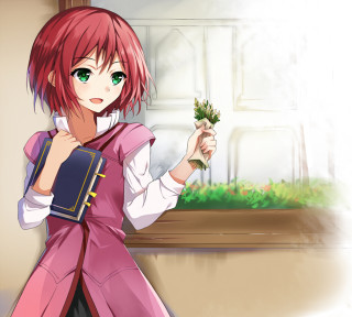 Girl red hair flower book - front of a window free wallpaper