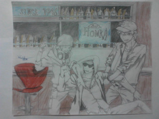 Two men bar red chair - a drawing free wallpaper