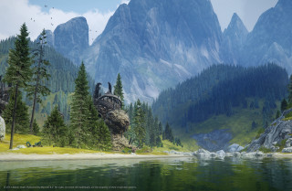 Mountain lake forest waterfall sky 2 - the foreground and a mountain range in the background free wallpaper