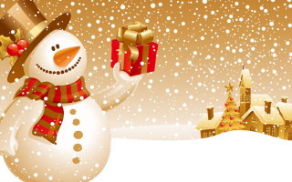 Snowman holding gift snowy village - a gift free wallpaper