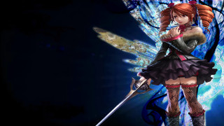 Woman sword blue background butterfly - back free wallpaper