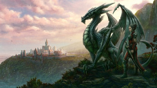 Woman dragon cliff castle water - dragon art free wallpaper