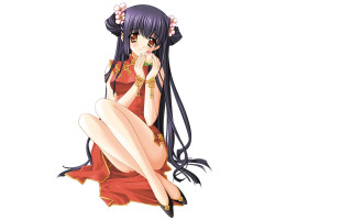 Woman red dress sitting anime - her leg free wallpaper
